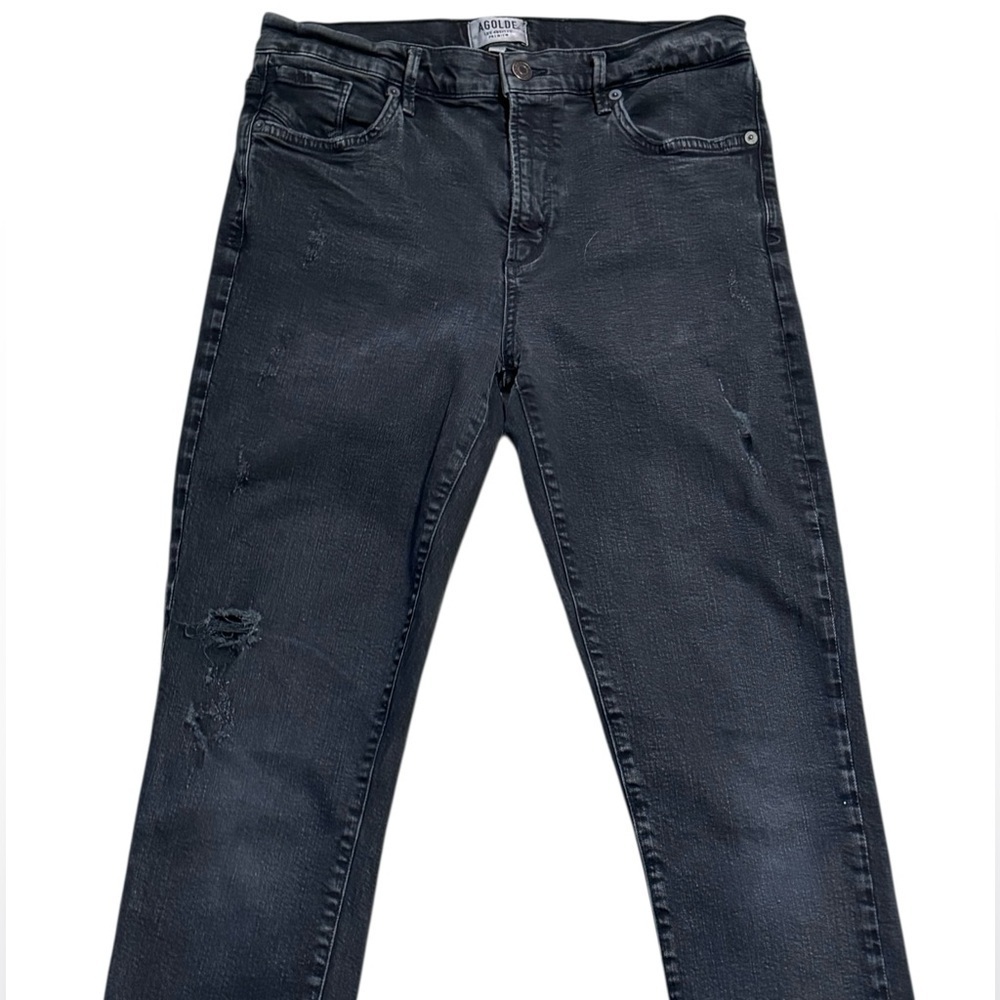 Agolde Washed Black Distressed Fray Ankle Hem Denim Jeans 30 Crop Cropped Skinny - Picture 3 of 8